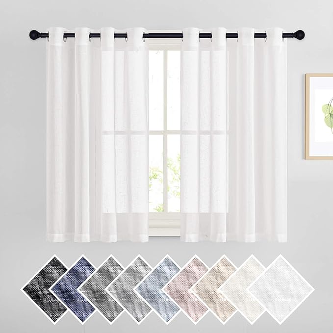 NICETOWN 45" Long White Flax Linen Sheer Bedroom Curtains Grommet, Decorative by NICETOWN