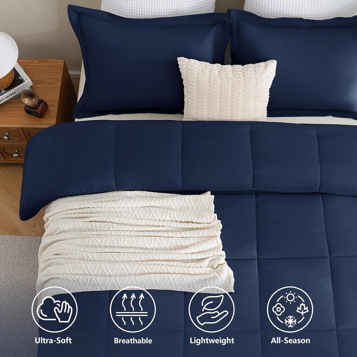 cozylux full size comforter sets, 3-piece box-stitched, navy shown in use