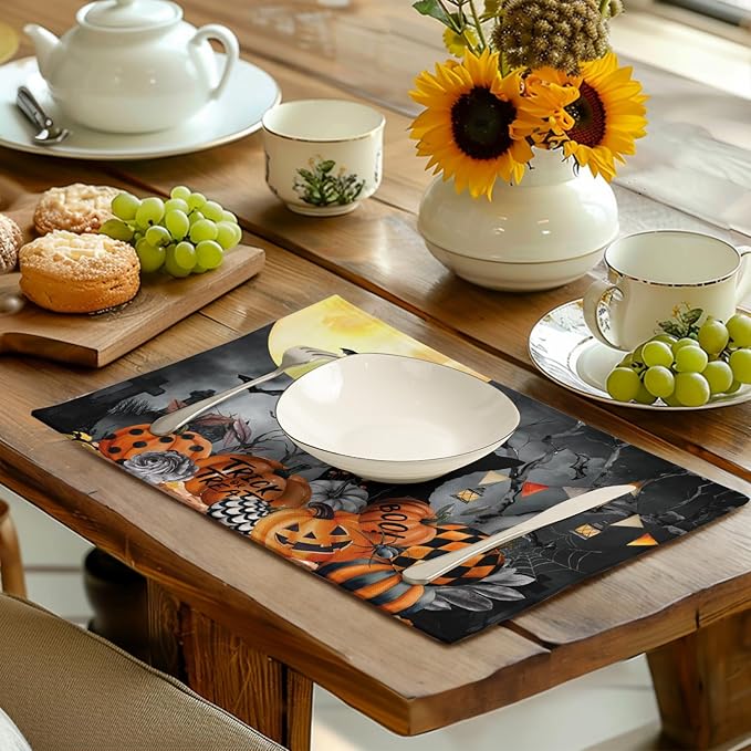 Black Cat Halloween Placemats Set of 4 Spooky Pumpkin Boo Bat Moon Horror Place - Image 6