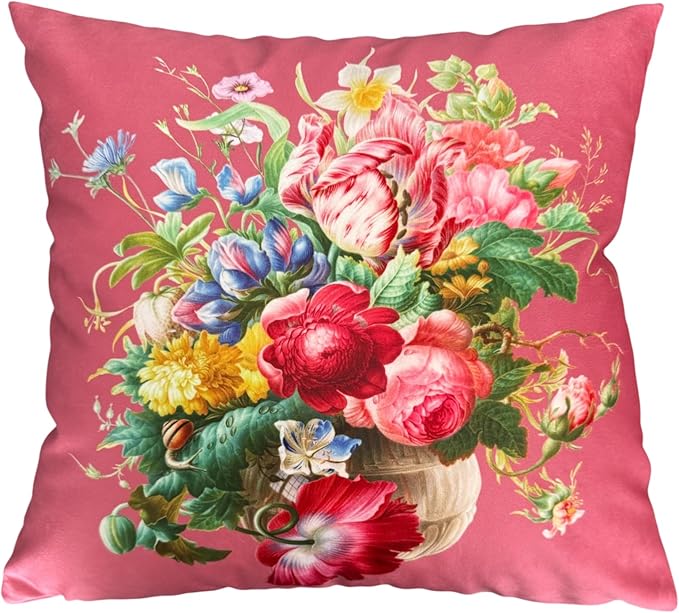 Vintage Pink Floral Bouquet 24x24 Plush Throw Pillow Case, Double-Sided Printed by whooplaArt