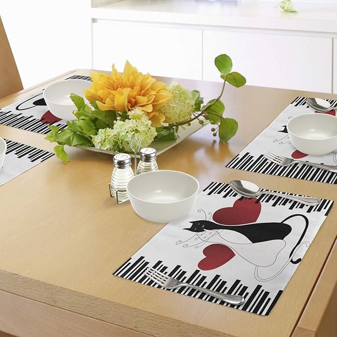 Ambesonne Cats Place Mats Set of 4, Romantic Kittens Pets Couple 2 Tails Hearts - Image 4