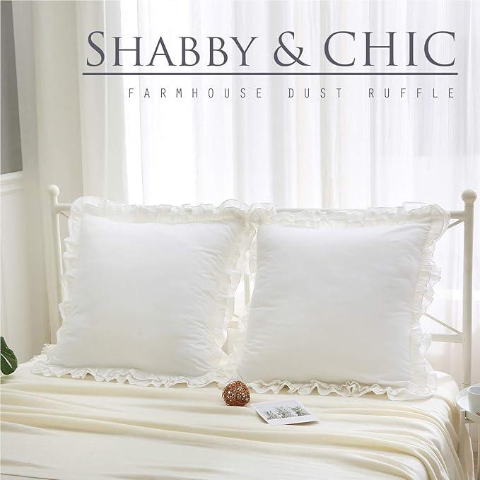 2 Pack Off White Ruffled Euro Shams Pillow Covers, 100% Cotton Vintage French - Image 3