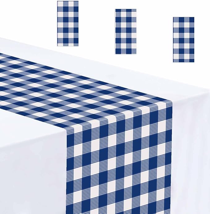 3 Pcs Navy Blue and White Checkered Table Runner Plastic 14 x 108 Disposable by MUNILAIL