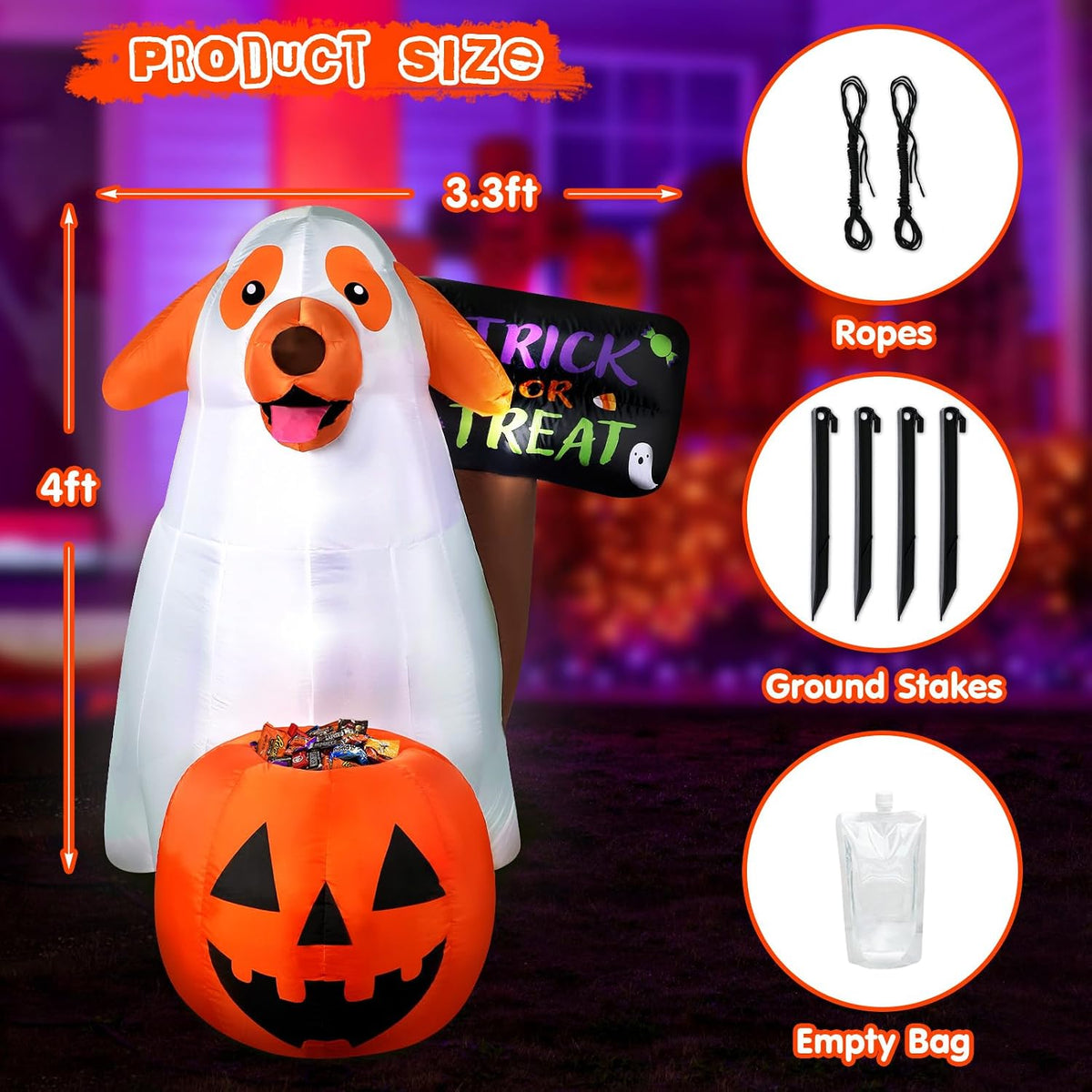 Halloween Inflatables Ghost Dog 4 FT Inflatable Halloween Dog with a Pumpkin Candy Holder Built-in LEDs Trick or Treat Yard Sign for Home Lawn Garden Party Indoor Outdoor Halloween Decor