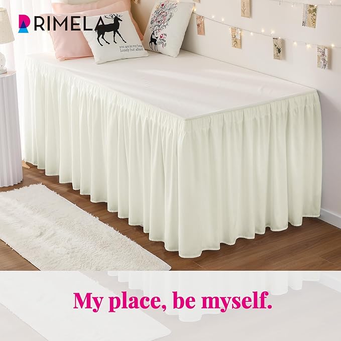 RIMELA Dorm Bed Skirt Twin XL 32 Inch Drop, Cream Bedskirt Solid Silky Fabric - Image 3