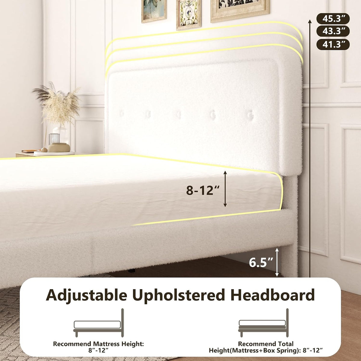 king size boucle bed frame with adjustable headboard, side view