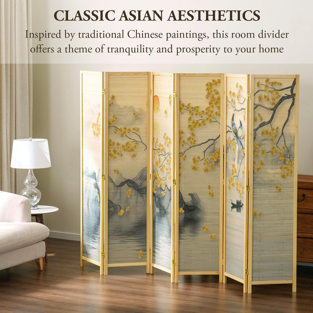 MyGift 6 Panel Bamboo Room Divider, Dual Sided Asian-Inspired Artwork