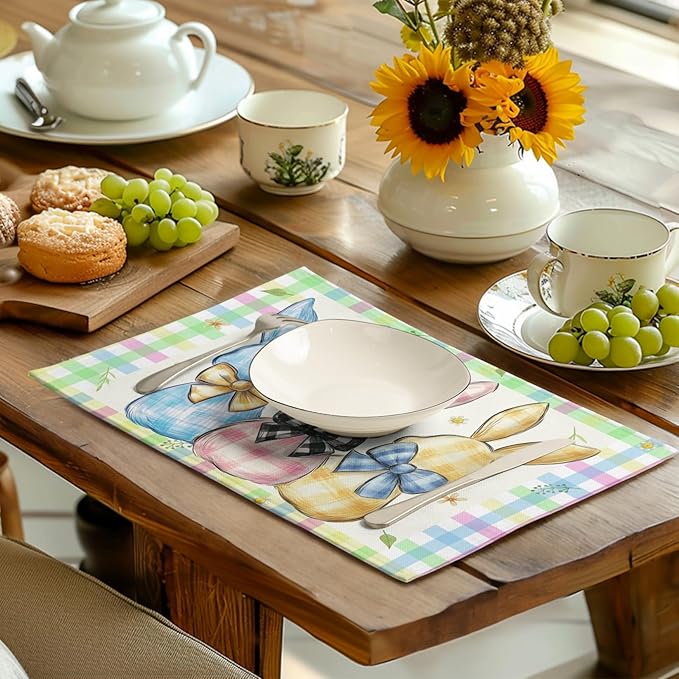 Easter Bunny Placemats Set of 4 Green Blue Pink Yellow Buffalo Plaid Rabbits - Image 6