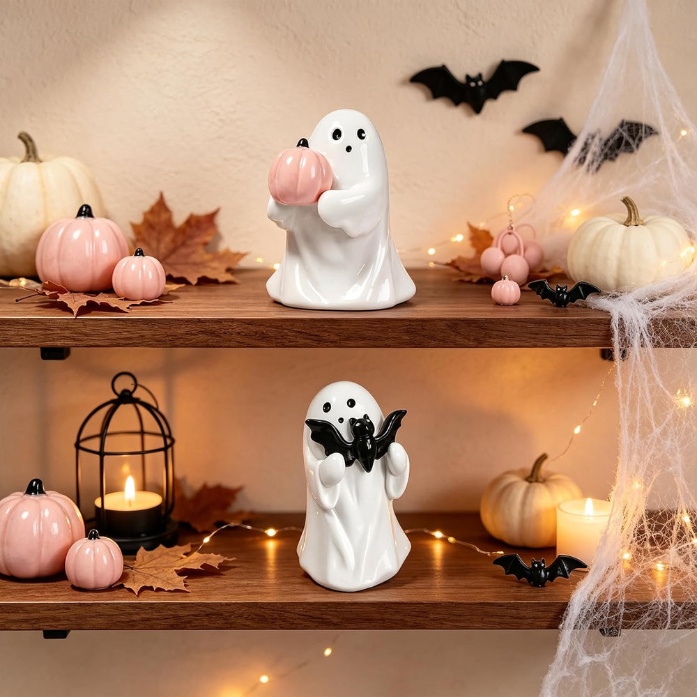 2Pcs Halloween Resin Ghost Figurines Cute Pink White Decor Indoor