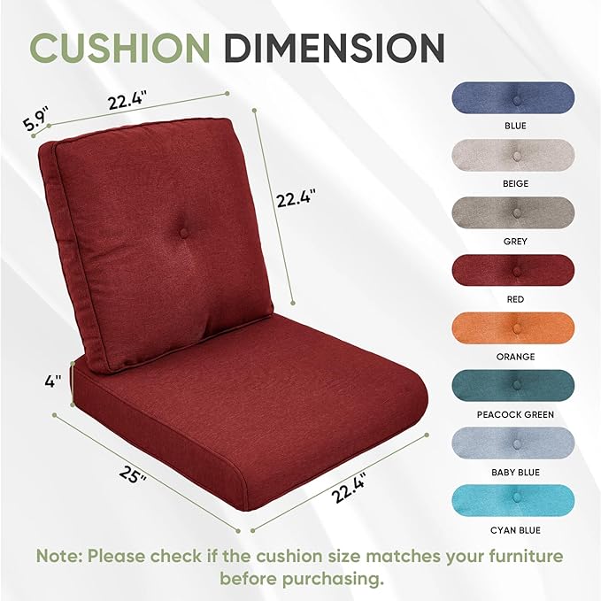 Outdoor Chair Cushion Set, 25 x 22.4 Deep Seat Cushion, Patio Chair Cushions - Image 2