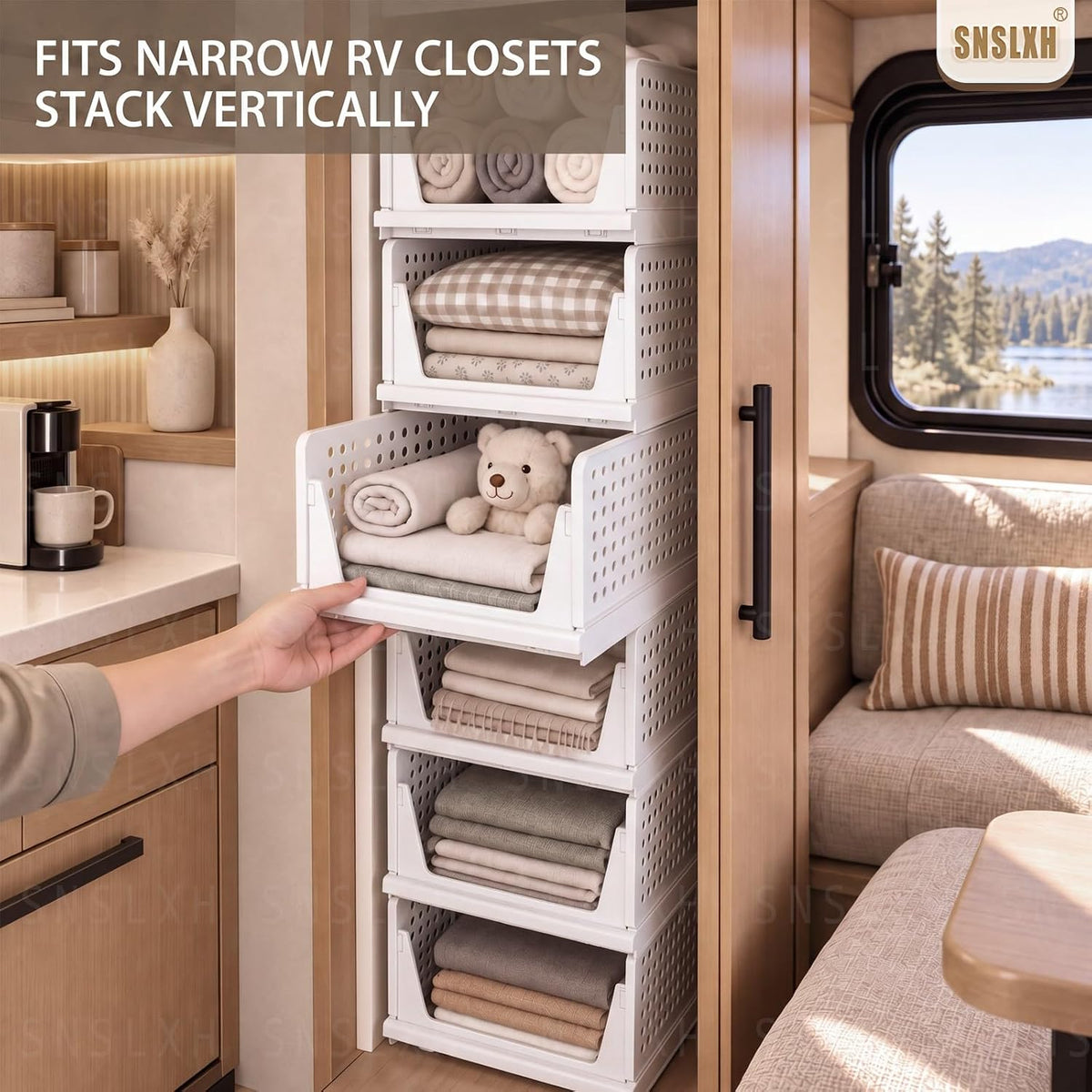 snslxh closet organizers and storage, 5 pack stackable, front angle view
