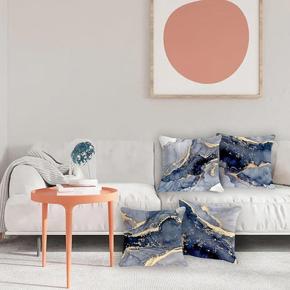 OGILRE Blue and Gold Pillow Covers, Modern Abstract Marble Texture Blue Gold - Image 3