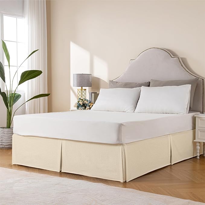 MIYE Pleated Waffle Weave Bed Skirt, Tailored Dust Ruffle 12 Inch Drop Easy Fit - Image 3