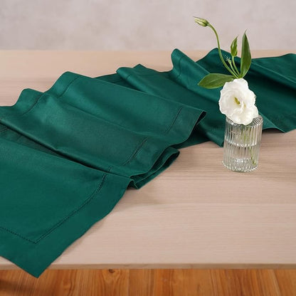 Home Ekaa Green Cotton Linen Table Runner 120 Inch – Washable Hemstitch - Image 2