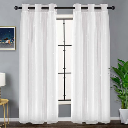 Kinryb White Star Cut-Out Window Curtains Double Layer Thermal Insulated Light - Image 3
