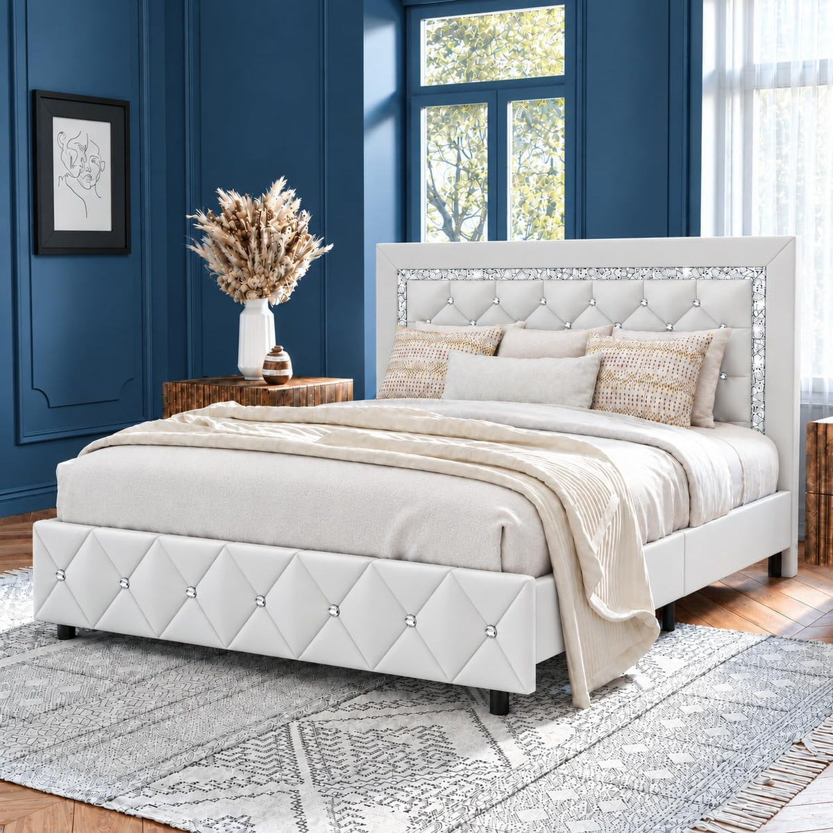 hombck queen bed frame with headboard, diamond tufted, main product view