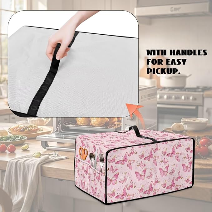 Pink Butterfly Print Microwave Oven Dust Cover Polyester-Linen Fabric Dust Cover - Image 4