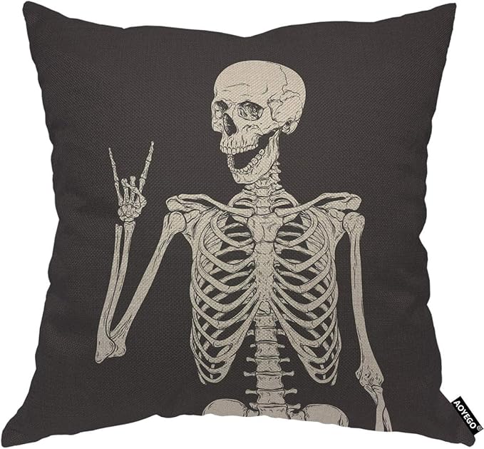 AOYEGO Human Skeleton Posing Throw Pillow Cover Skull Anatomy Happy Creepy by AOYEGO