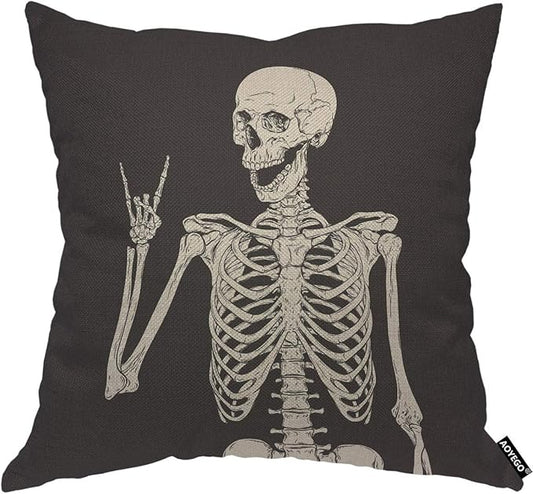 AOYEGO Human Skeleton Posing Throw Pillow Cover Skull Anatomy Happy Creepy by AOYEGO