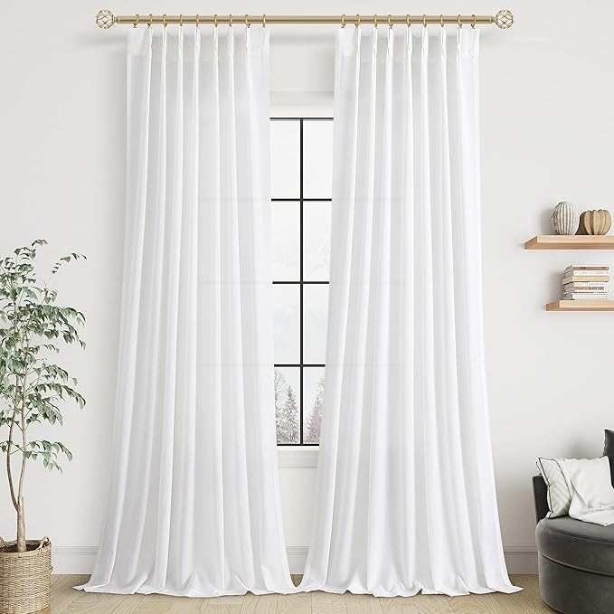 White Linen Pinch Pleated Curtains 108 Inches Long 2 Panels by Aersas
