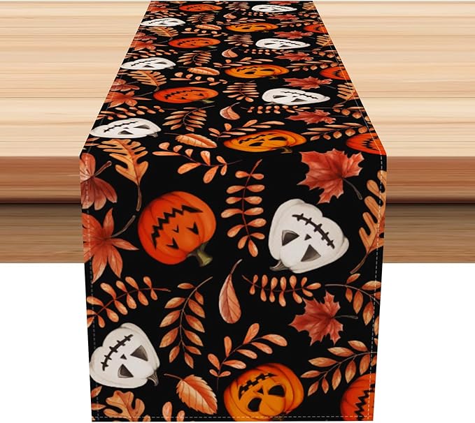 Happy Halloween Table Runner Fall Autumn Yellow Maple Leaves Pumpkin by Kzzfqxb
