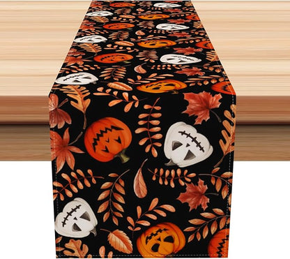 Happy Halloween Table Runner Fall Autumn Yellow Maple Leaves Pumpkin by Kzzfqxb
