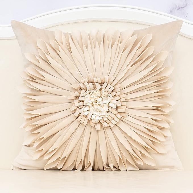 Alerfa 3D Flower Handmade Throw Pillow Cover Decorative Beige Velvet Pillowcase by Alerfa