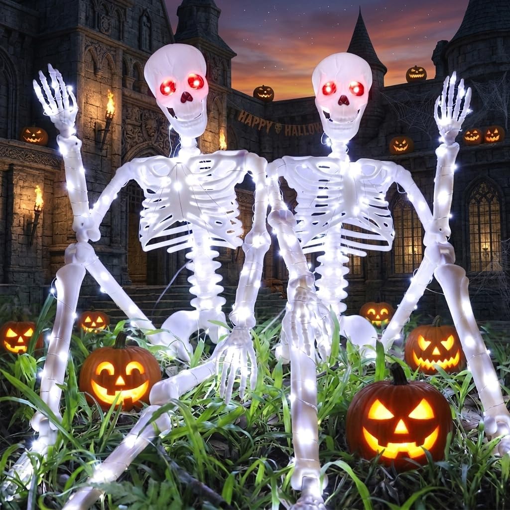 Halloween Decorations Outdoor Skeletons Set - 2 Pack 36" (90cm) Light Up Skeleton with LED Lights & 2 Red Eyes, Poseable Full Body, Indoor Halloween Decor for Yard, Porch (White)