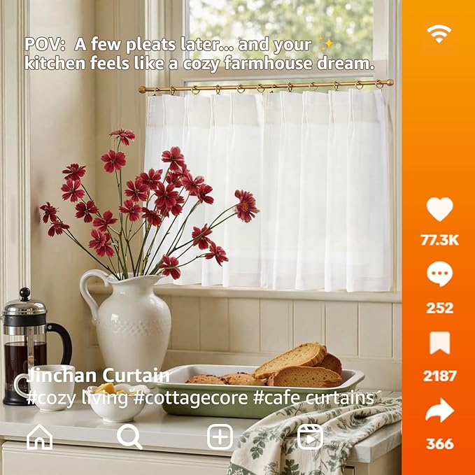 jinchan Linen Pinch Pleated Kitchen Curtains 20 Inch Natural Linen Tier - Image 4