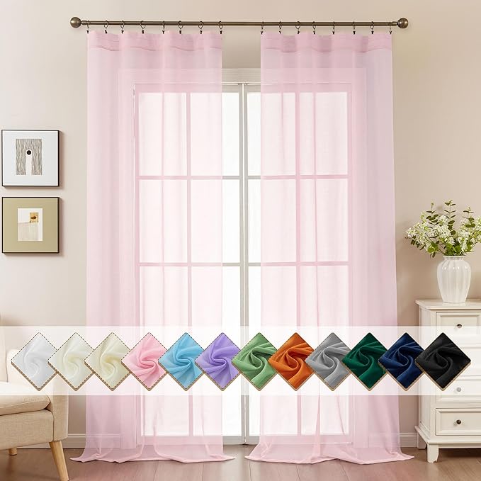 Pink Sheer Curtains 96 Inches Long, Privacy Semi Sheer Curtains by ABLUEN
