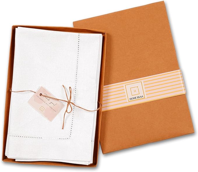 Home Ekaa White Cotton Linen Napkins Set of 4 – Washable Hemstitch Napkins - Image 4