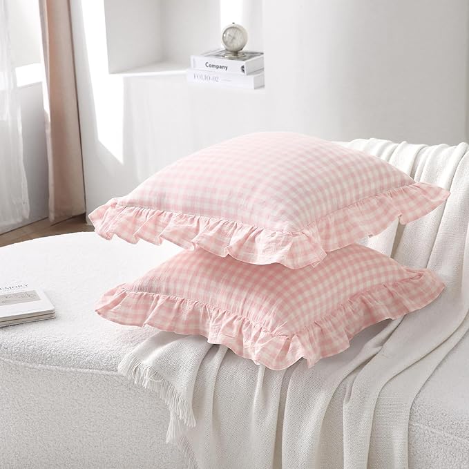 2 Pack Blush White Plaid Ruffle Gingham Throw Pillow Covers, 100% Washed Cotton - Image 3