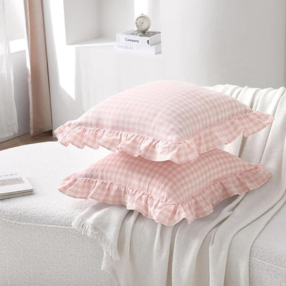 2 Pack Blush White Plaid Ruffle Gingham Throw Pillow Covers, 100% Washed Cotton - Image 3