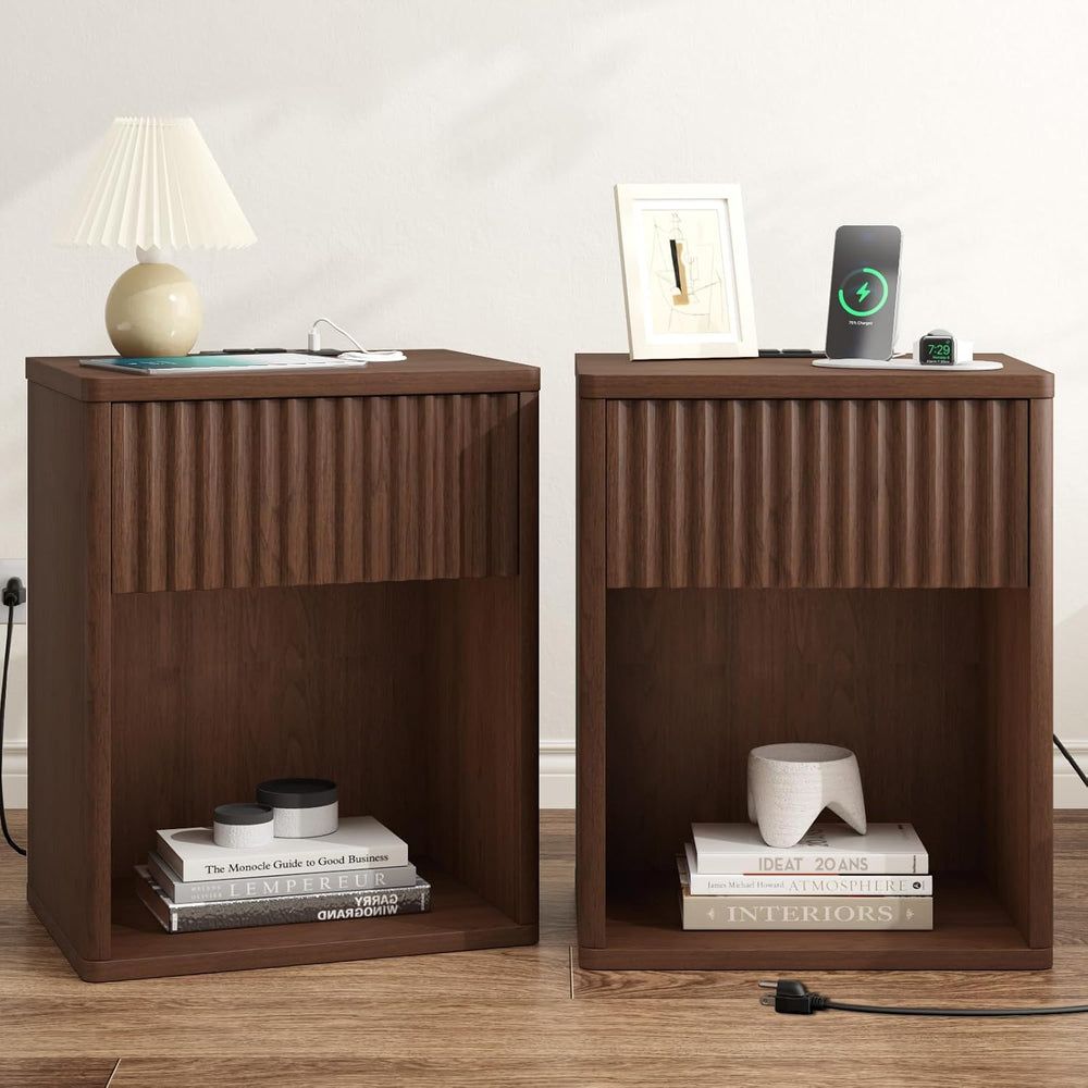 Fluted Nightstands Set of 2 w/Charging Station, Wooden End Table Bed Side Tab...