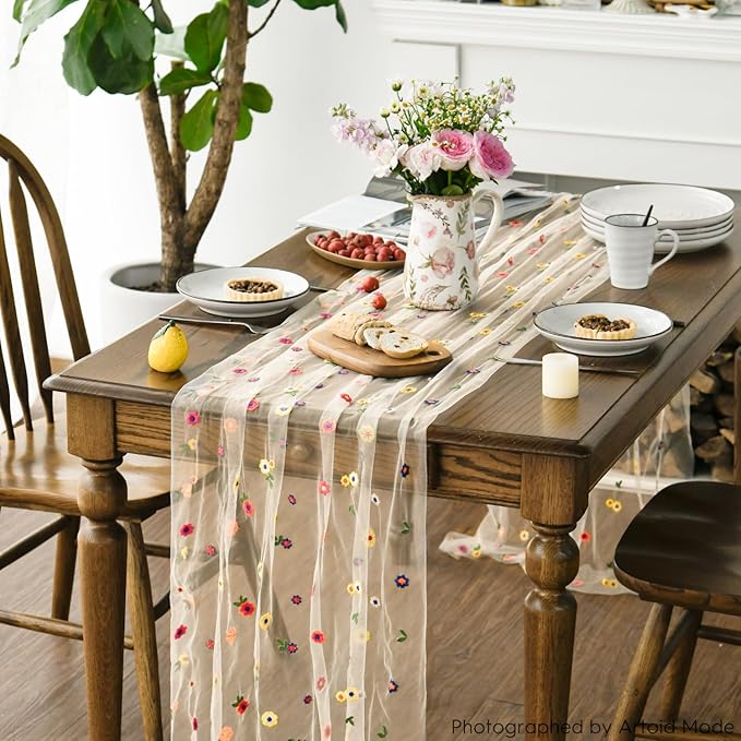 Artoid Mode 3PCS Champagne Embroidery Daisy Gauze Table Runner 120 Inch 10FT - Image 5