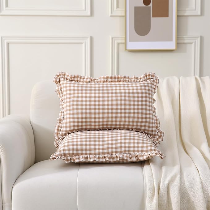 2 Pack Taupe Plaid Ruffle Gingham Lumbar Throw Pillow Shams, 100% Washed Cotton - Image 7