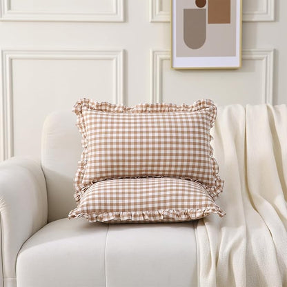 2 Pack Taupe Plaid Ruffle Gingham Lumbar Throw Pillow Shams, 100% Washed Cotton - Image 7