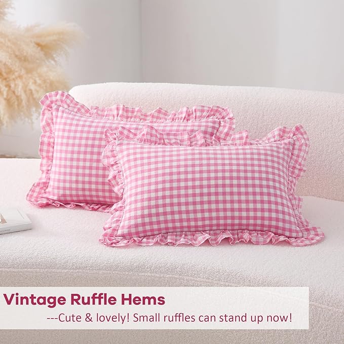 2 Pack Pink White Plaid Ruffle Gingham Throw Lumbar Pillow Shams, 100% Washed - Image 4
