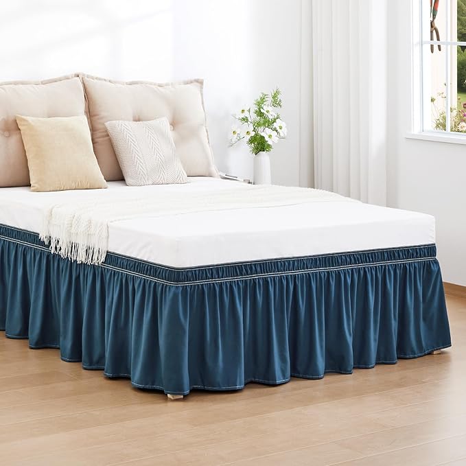 RIMELA Dusty Navy Bed Skirt Queen Size 15 Inch Drop, Wrap Around Elastic - Image 2