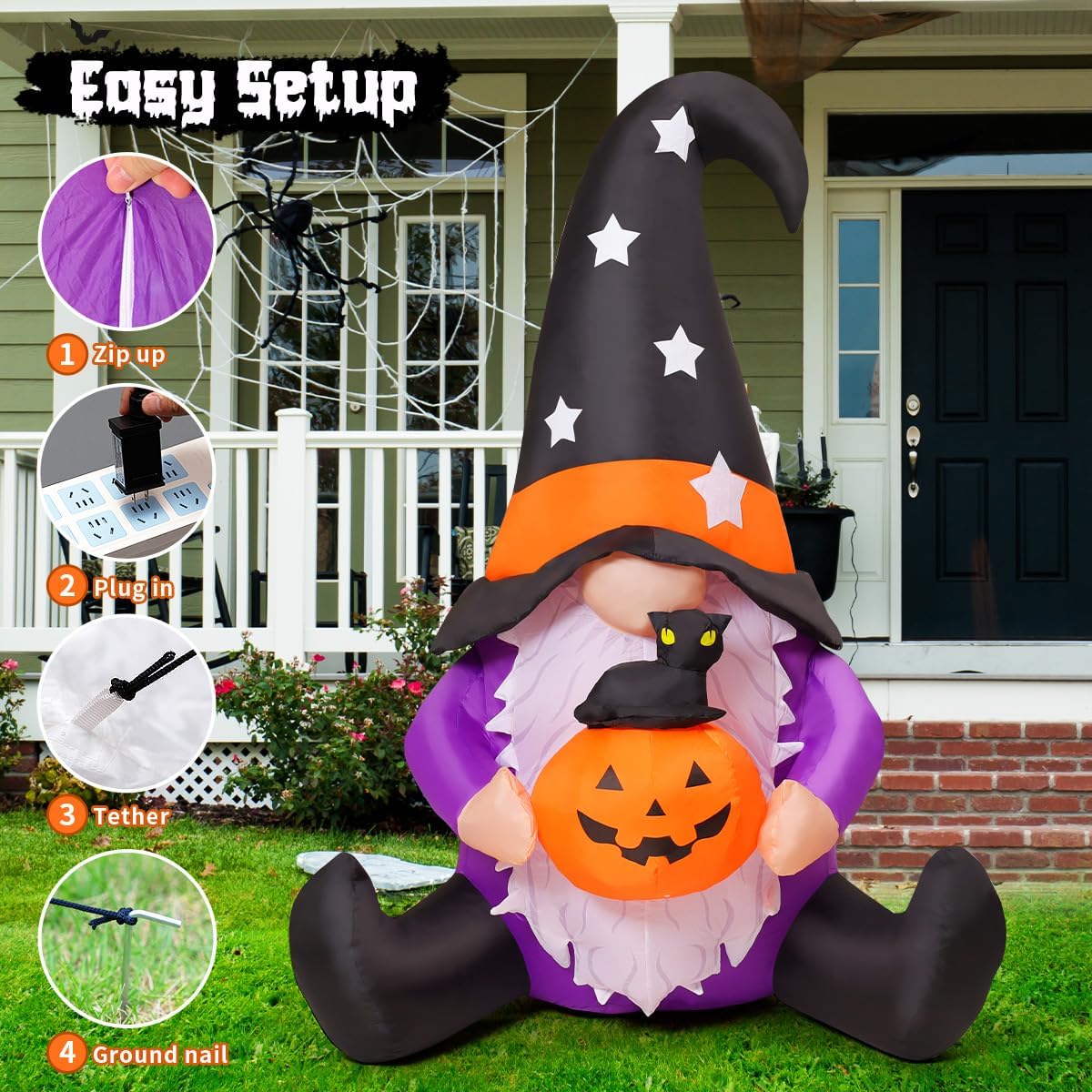 GOOSH 5 FT Halloween Gnomes Inflatables Outdoor Decorations, Gnome with Pumpkin Blow Up Yard Decorations Built-in LED Lights for Halloween Outdoor Decoration