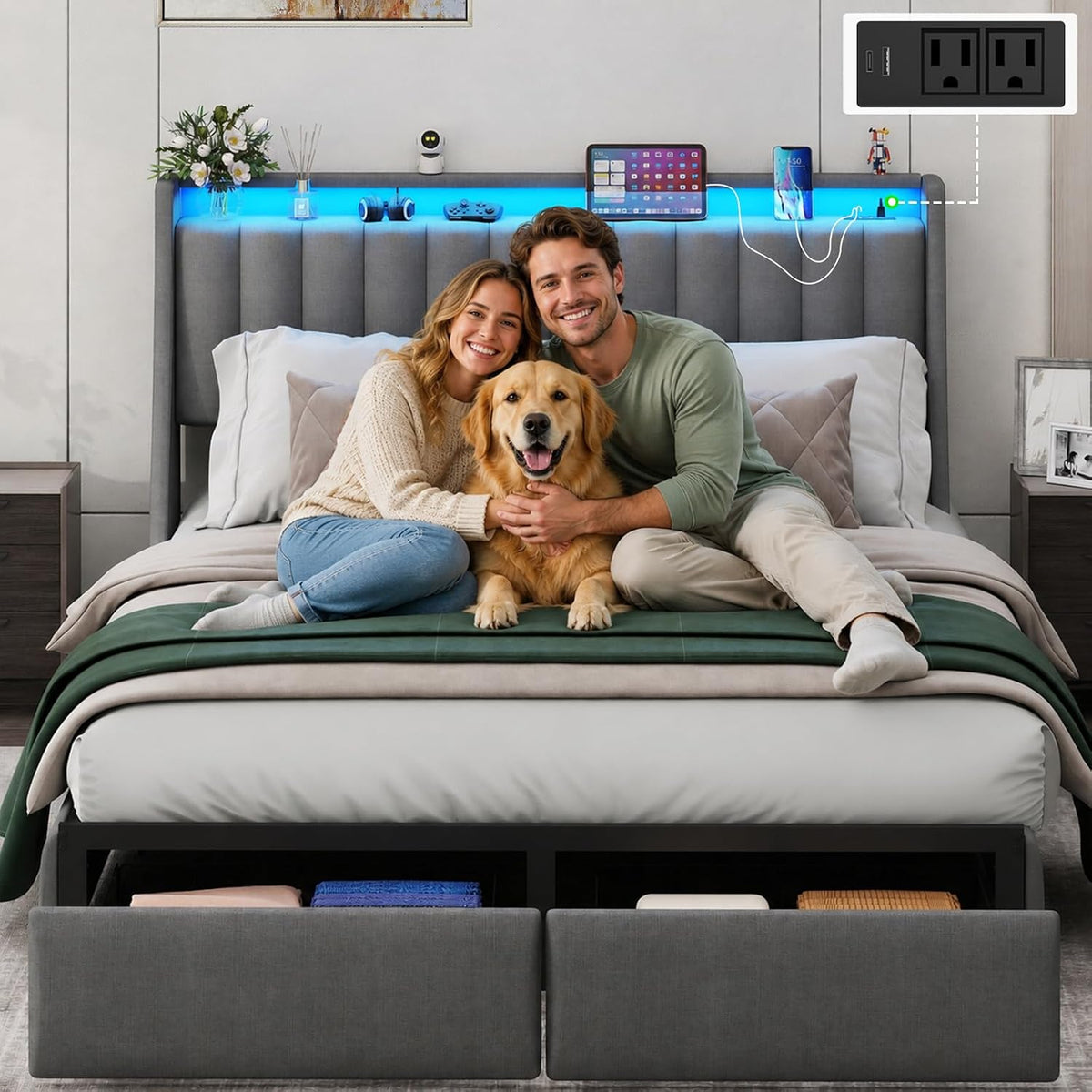 full size bed frame with upholstered storage headboard, close-up detail