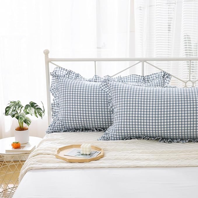 2 Pack Dusty Blue Plaid Ruffle Gingham King Size Pillow Shams, 100% Yarn-Dyed - Image 7