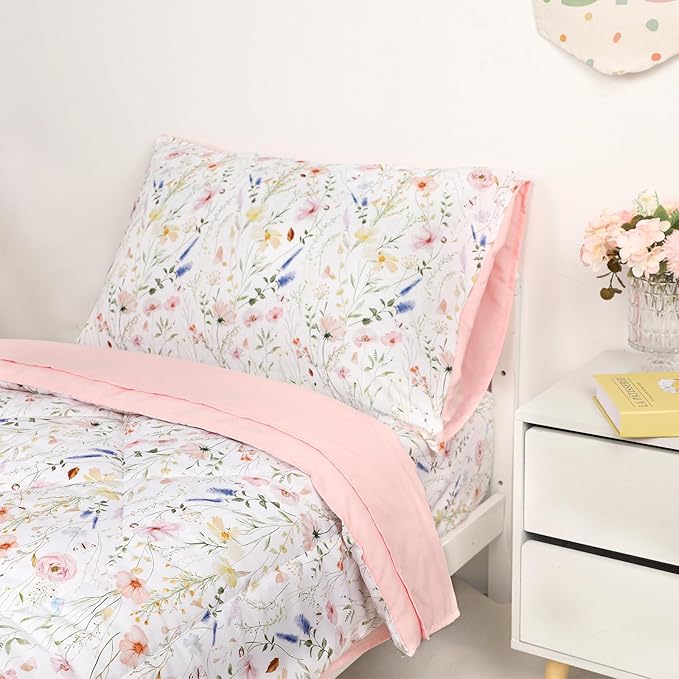 Toddler Bedding Set for Girls, 4 Piece Floral Toddler Comforter Set, Ultra Soft - Image 7