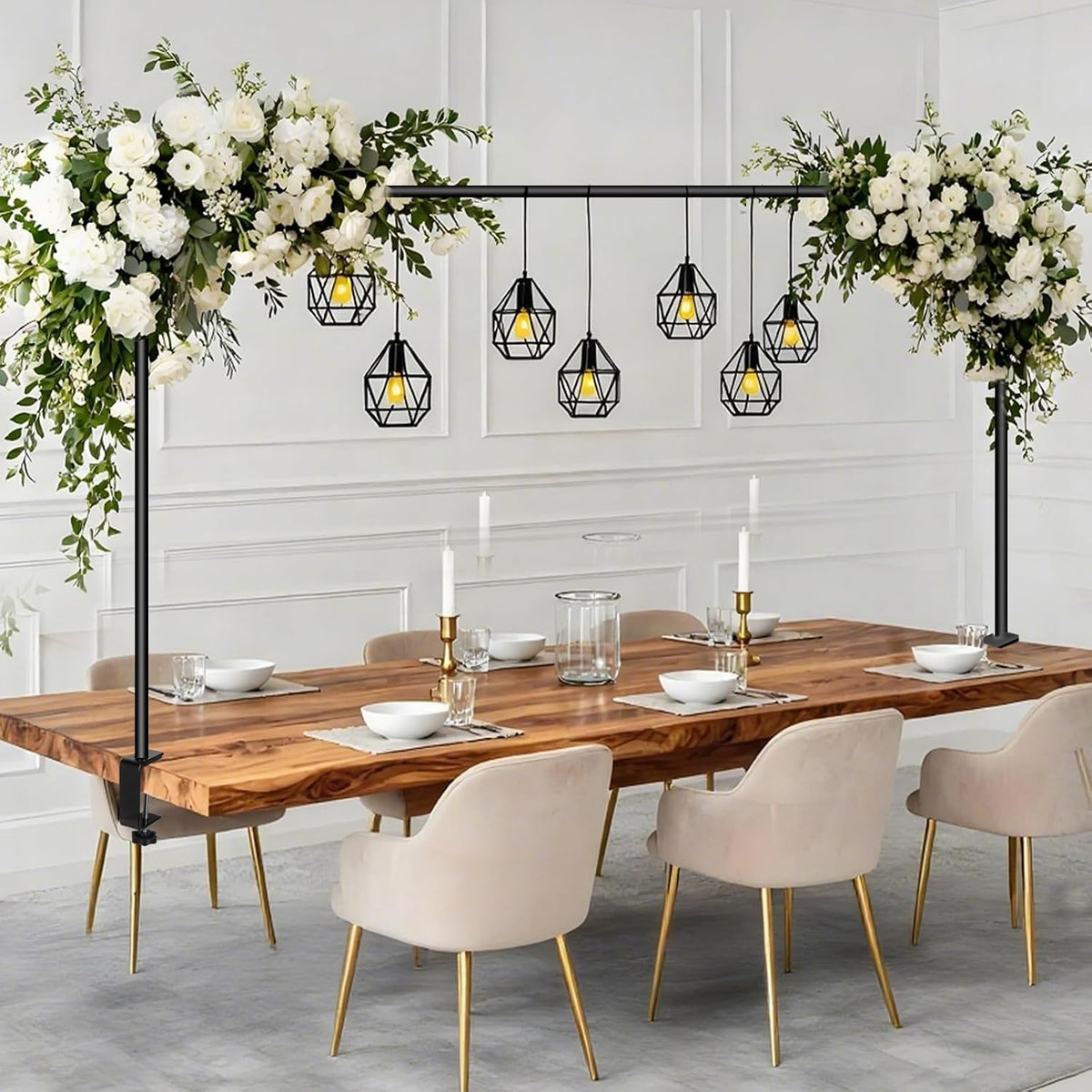 Over The Table Rod Stand with Clamps Adjustable 30"-43" Tall 47"-98" Length Black Table Arch Hanging for Wedding Birthday Party Halloween Christmas