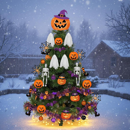 44 Pcs Halloween Tree Ornaments Decorations Witch Hat Pumpkin Tree Topper Pumpkin Bucket Skeleton Skull Ghost Spider Bat Witch Leg Hanging Ornaments Tinsel Garland for Halloween Party Decor