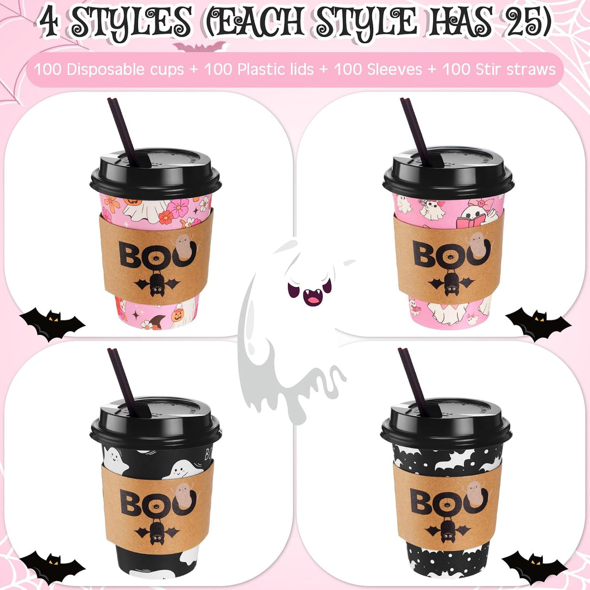 Lallisa 100 Sets 12 oz Halloween Disposable Coffee Cups with Lids and Sleeves Straws, Hot Coffee Paper Cups for holiday Party Drinks Supplies(Cute Ghost)