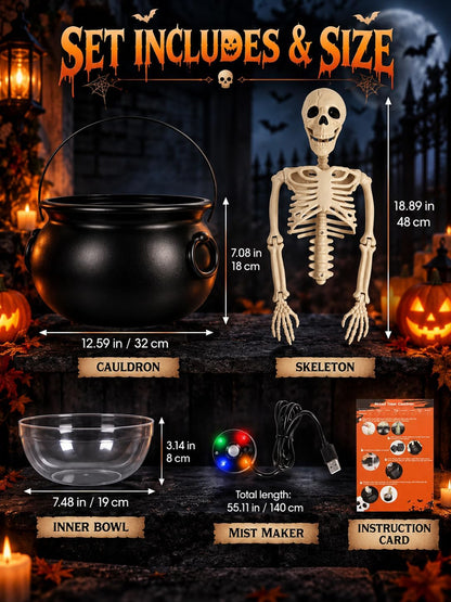 HOMELEX Halloween Cauldron Candy Bowl with Skeleton, LED Mist Maker Decor for Porch Party Table