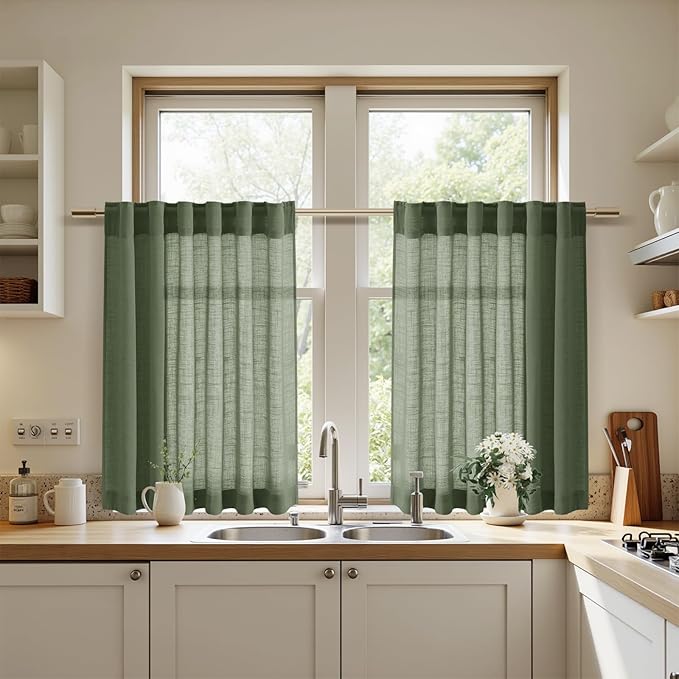 Nanspring Olive Green Linen Curtains 30 Inch Length Short Kitchen, Semi Sheer - Image 7