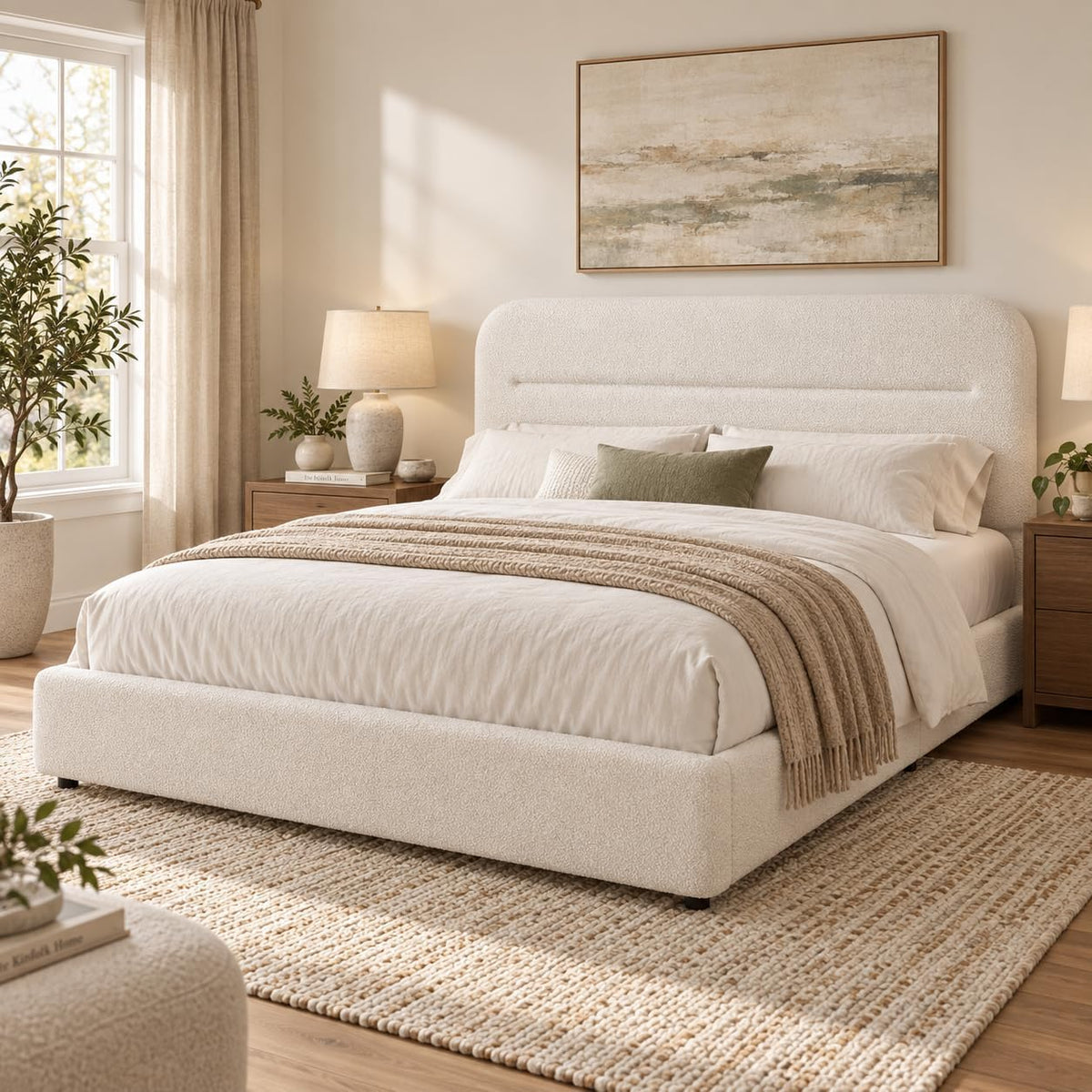 hombck queen bed frame,white boucle upholstered platform bed, main product view