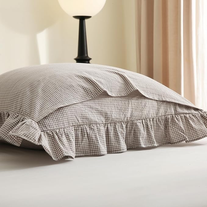 Aryeleay 2 Pack Brown White Plaid Gingham Ruffle Pillow Shams, 100% Washed - Image 4